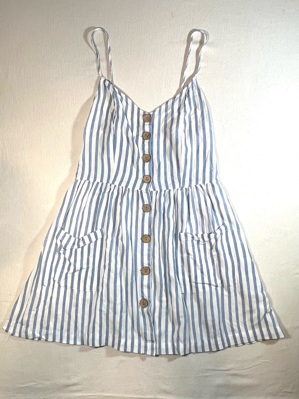 Blue and White Cotton Striped Sundress with Button Front